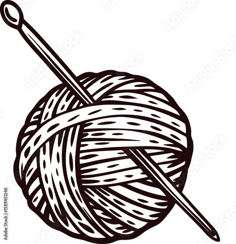 Black and white illustration of a yarn ball with crochet hook, vintage hand drawn knitting wool skein design