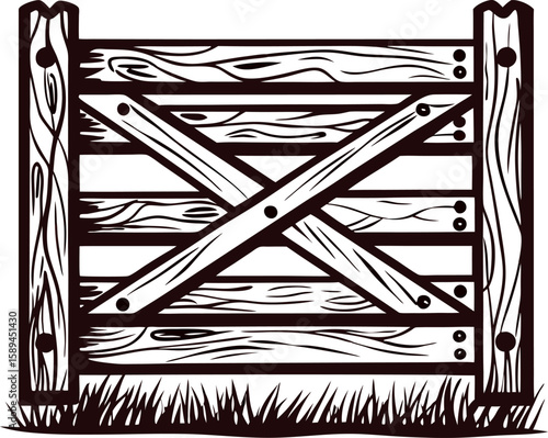Vintage wooden farm gate with grass base, rustic design, engraved line art illustration