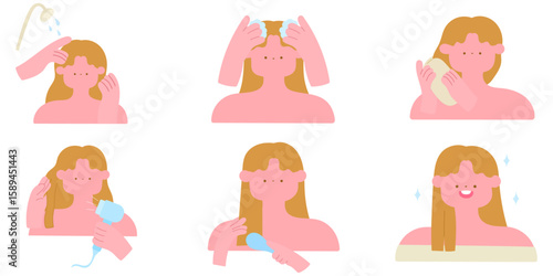 set of woman washing hair, towel drying, blow drying, brushing and smiling after haircare routine