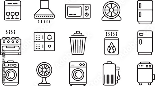 Home Appliances Vector Icon Set – Editable Stroke Outline Style for Kitchen & Household Electronics

