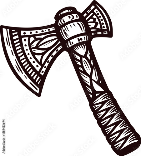 Decorative vintage engraved tomahawk isolated on white background with detailed ornate blade and handle illustration
