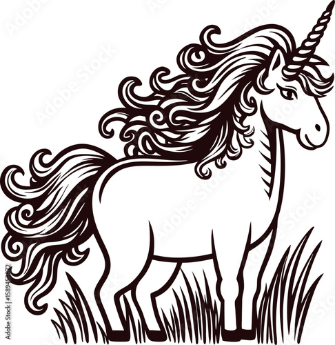 Detailed hand drawn unicorn with flowing mane standing on grass vintage mythical fantasy animal illustration