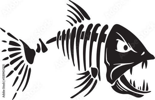 Print Aggressive fish skeleton with sharp teeth and fierce eyes silhouette