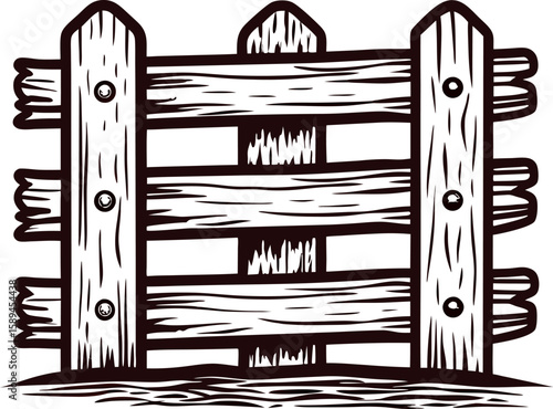 Hand drawn wooden fence in rustic vintage engraving with textured planks and visible knot details