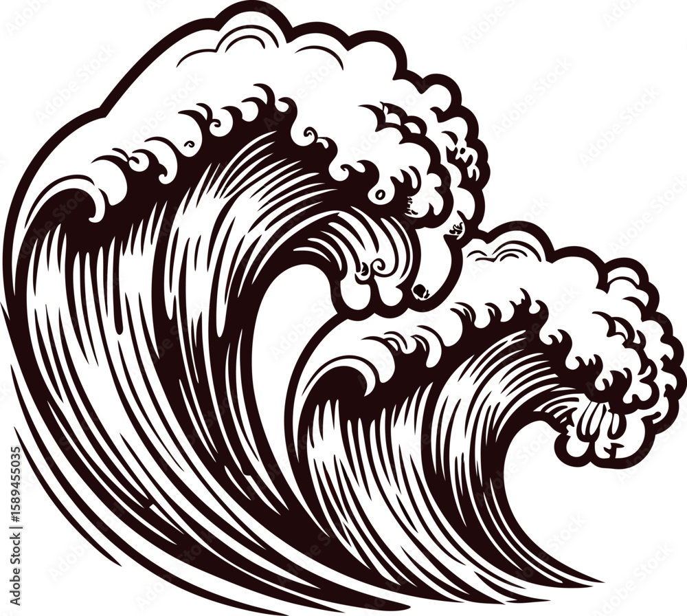 Fototapeta premium vintage engraved ocean waves in traditional japanese woodcut illustration