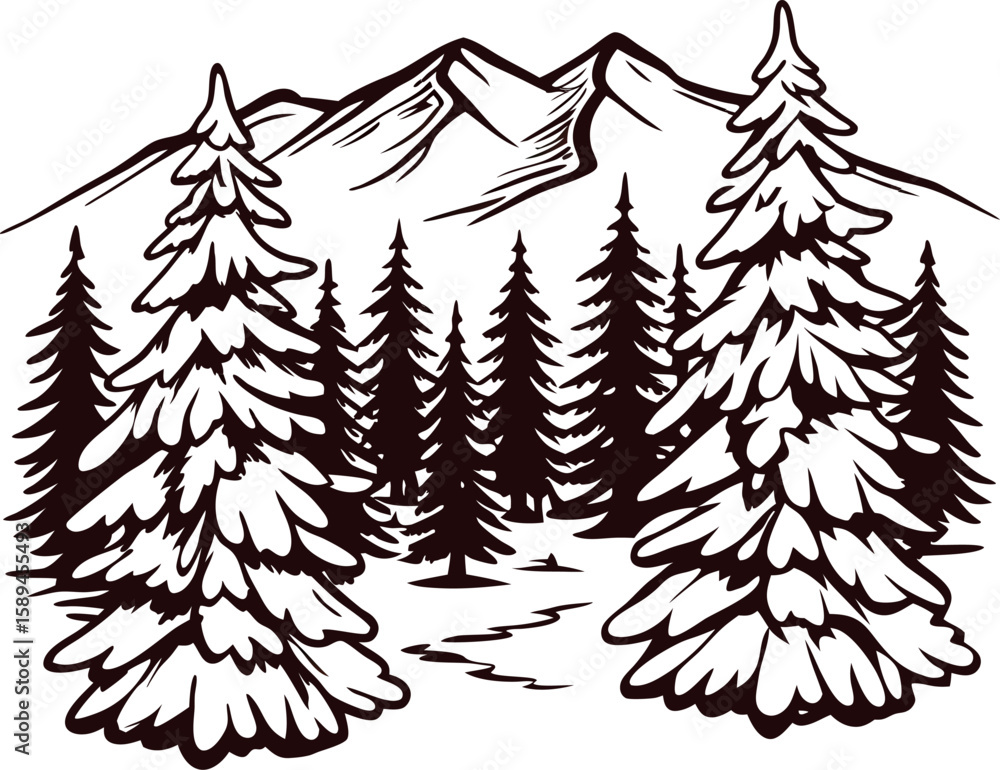Obraz premium Hand drawn snowy pine trees landscape with distant mountains illustration