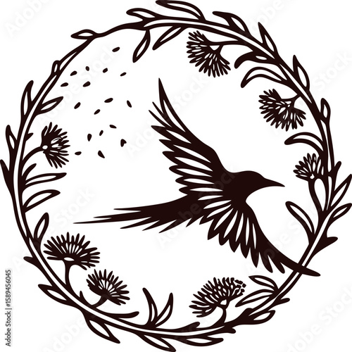 Flying bird silhouette inside circular floral wreath with blooming flowers and leaves, decorative nature illustration