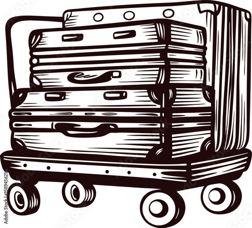 Vintage engraved drawing of stacked suitcases on luggage cart isolated on white background