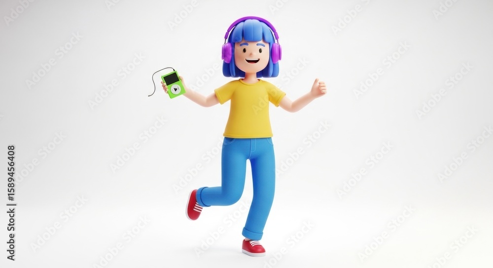 Cartoon girl with headphones and music player, joyful and dancing, 3D illustration. Cartoon girl with headphones and music player, joyful and dancing, 3D illustration.