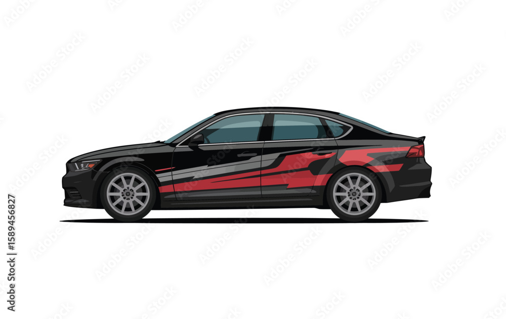 Fototapeta premium Car decal wrap design featuring abstract stripe pattern applied on a sleek black sedan