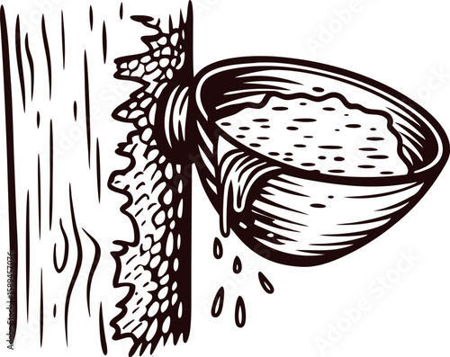 Vintage hand drawn illustration of rubber tree tapping with collection cup, liquid latex dripping from cut bark