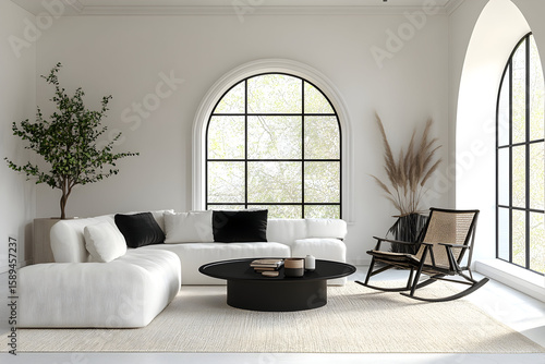A photo of a large, white living room with a sofa, black coffee table and chair, featuring a minimalistic interio