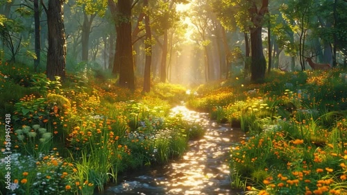 The tranquil forest is bathed in gentle golden sunlight
