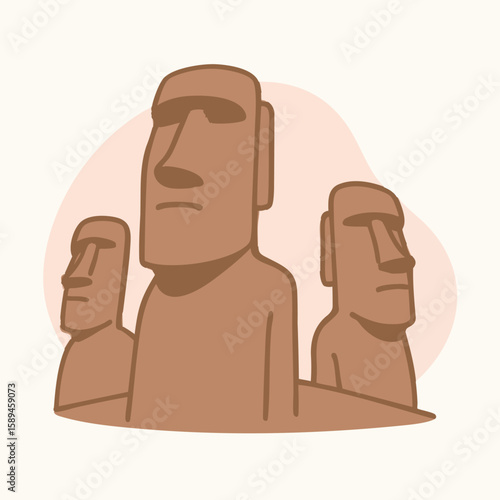 Stylized flat vector artwork of Moai statues from Easter Island. Earthy tones and minimal design make it suitable for history, culture, and travel use. 