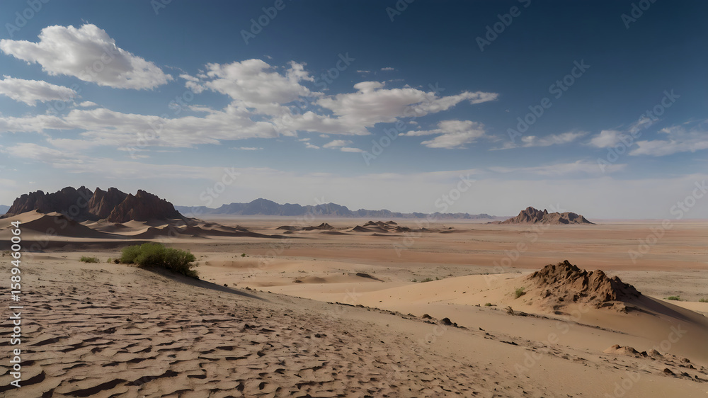 Obraz premium Vast Desolate Gobi Desert Landscape with Rugged Rocks and Isolated Sand Dune under Clear Sky