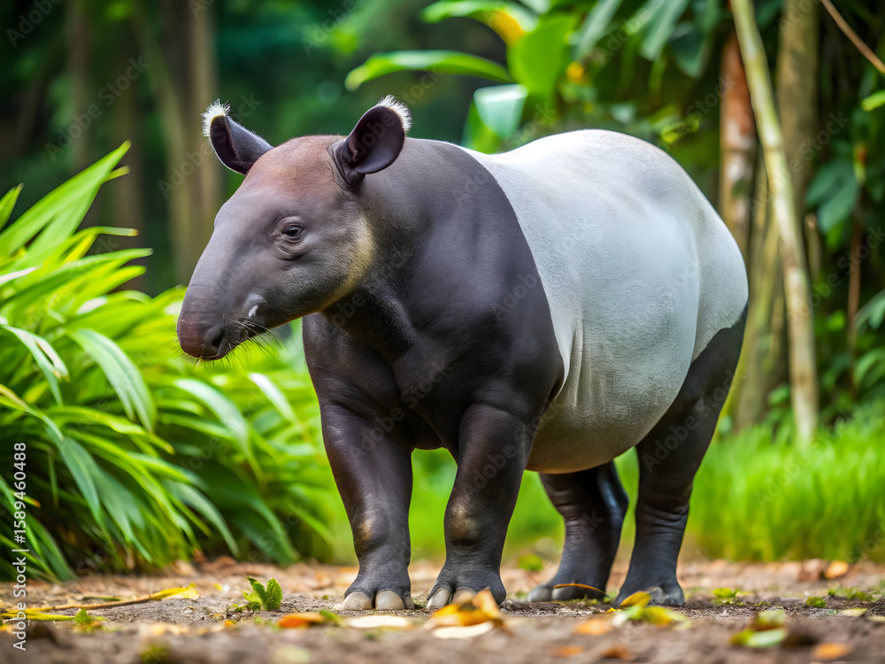 Malayan tapir walking through tropical forest Malayan tapir walking through tropical forest