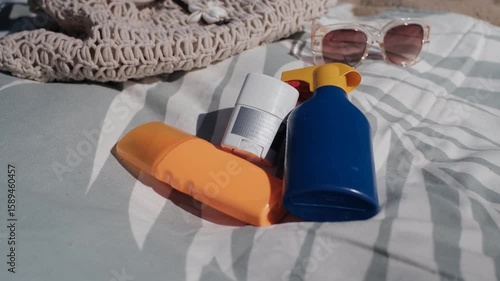 Moving the camera away from sunscreen bottles laid out on a towel