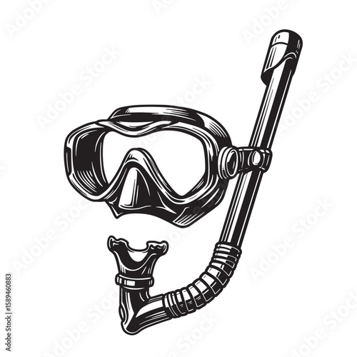Artistic illustration of a scuba diving mask and snorkel in an engraved retro style with black and white detailing.