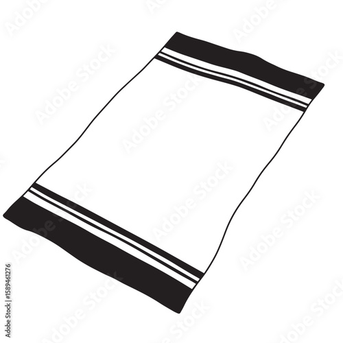 Black and white hand-drawn illustration of a simple towel with stripes on the edges isolated on a white background.