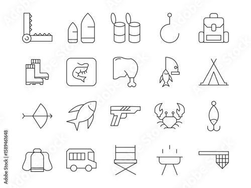 Hunting & fishing outline icon set. Containing hunting, fishing, adventure, camping, animal, fish, nature, and more. editable stroke. vector illustration