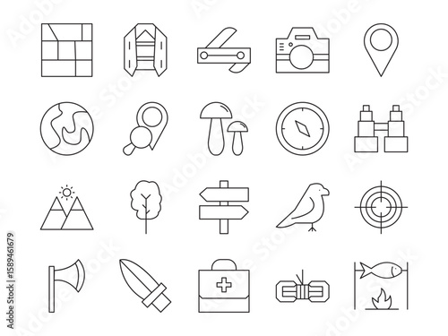 Hunting & fishing outline icon set. Containing hunting, fishing, adventure, camping, animal, fish, nature, and more. editable stroke. vector illustration
