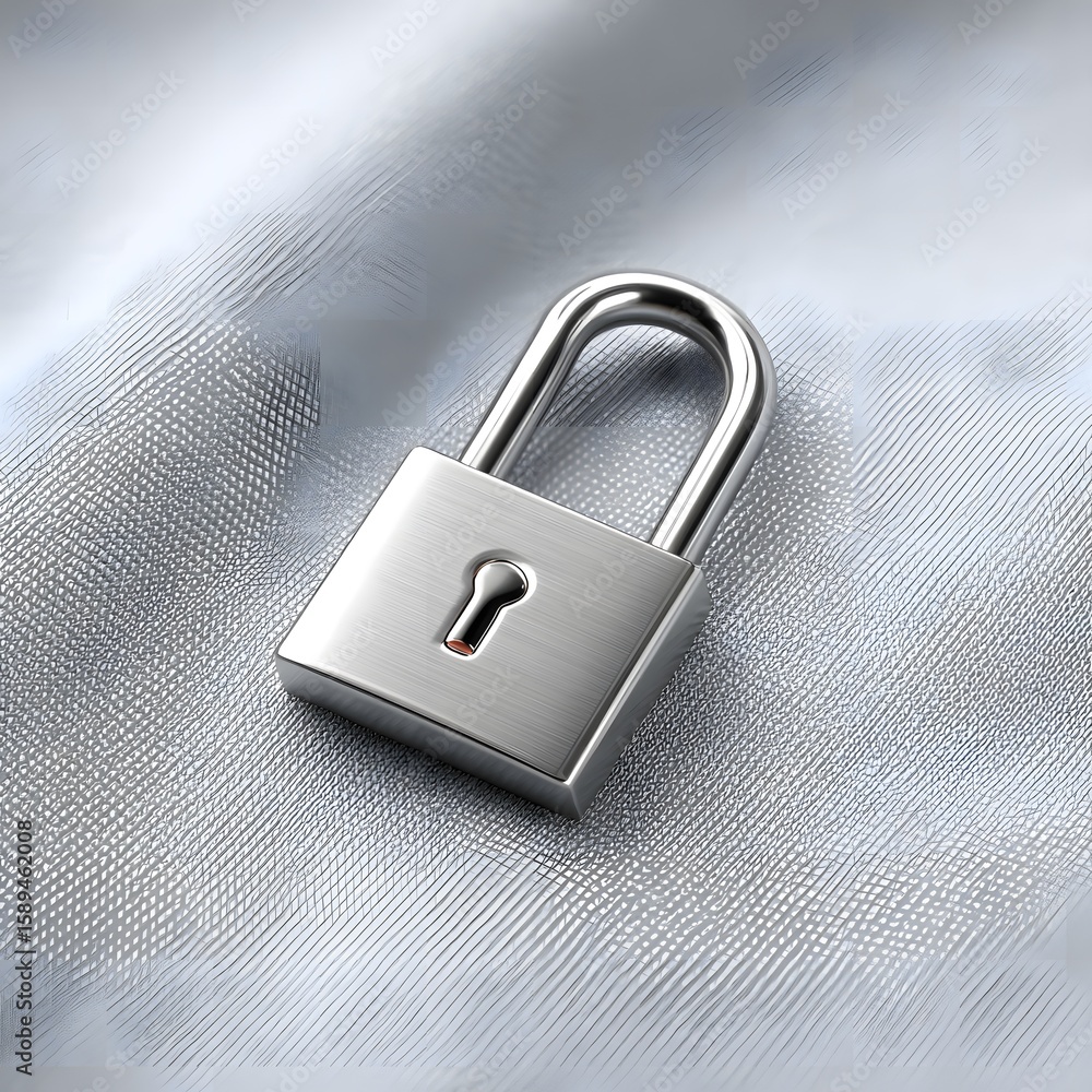 Naklejka premium A realistic photo of a secure fit, shiny metallic padlock resting gently on a textured silvery fabric, symbolizing protection and digital security conceptually.