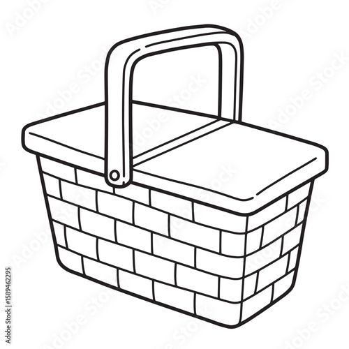 Black and white line art illustration depicting a picnic basket suitable for various design projects and concepts.