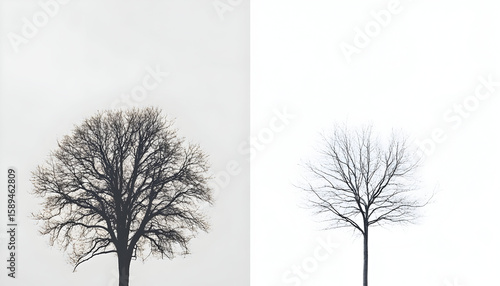 Bare trees against white sky in winter, minimalist nature photography, stark contrast, seasonal landscape
