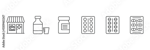 Pharmacy and Medicine black line icons. Pharmacy, representing pills, pill bottle, tablets. Pills in blister pack icon. Vector illustration.
