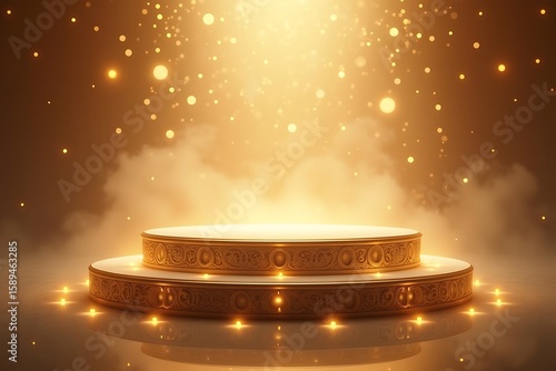 Elegant golden podium surrounded by sparkling lights and soft smoke