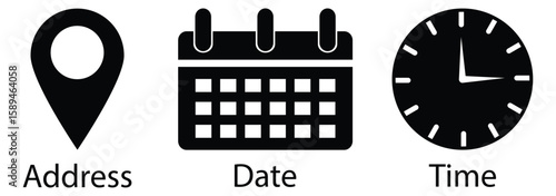 Time, date and address icon isolated set. Event elements. containing Calendar, address location pointer and alarm bell. eps 10