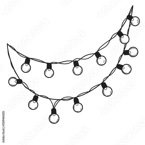 Decorative string lights hand drawn outline black and white festive illustration for seasonal holiday decorations