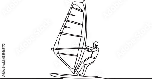 Continuous one line drawing of windsurfing athlete riding surfboard, minimalist water sport line art illustration

