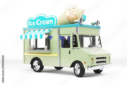 3D render of a colorful ice cream food truck on a white background.