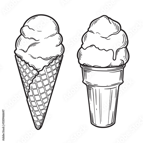 Hand drawn black and white illustrations of ice cream cones perfect for summer desserts and sweet treats.