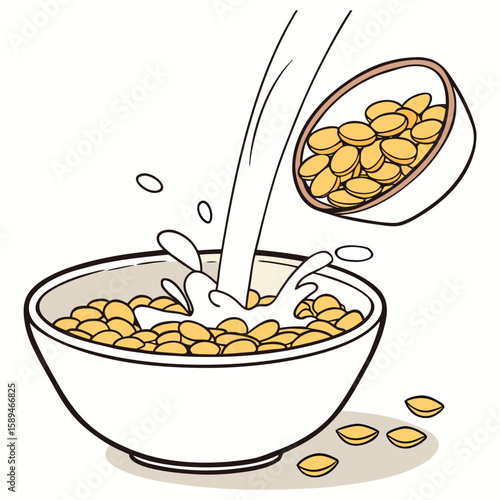 cornflakes with milk in a white ceramic bowl