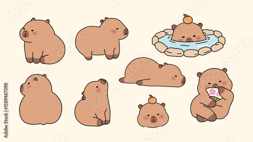 Set of Cute Capybaras isolated on a white background