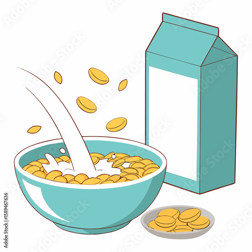 cornflakes with milk in a white ceramic bowl