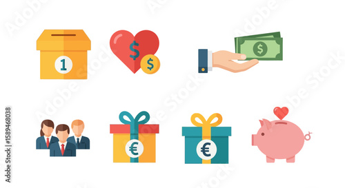 Various illustrated icons representing concepts of giving, charity, and financial support.