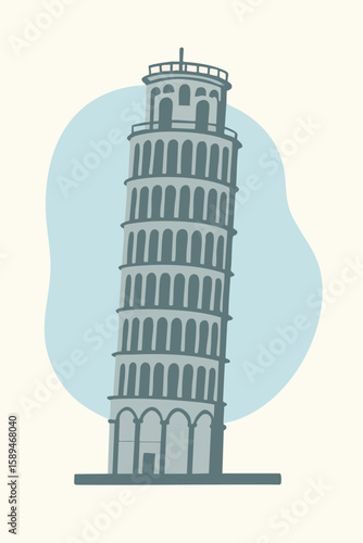 Minimalist vector design of the Leaning Tower of Pisa in Italy with blue color tones and abstract background shape. Elegant and modern layout for cultural, travel, or architectural use. 