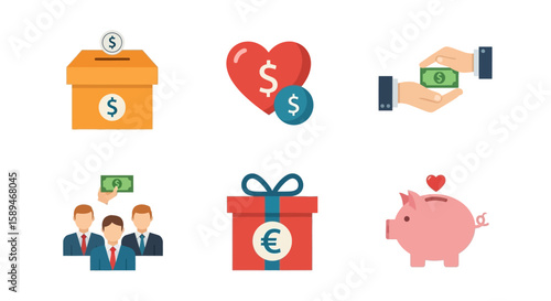Illustrations depicting various concepts of charity, donations, and financial giving.