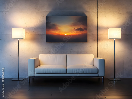 Photorealistic image of a modern living room with floor lamps and a sofa, featuring dark wood flooring and concrete walls