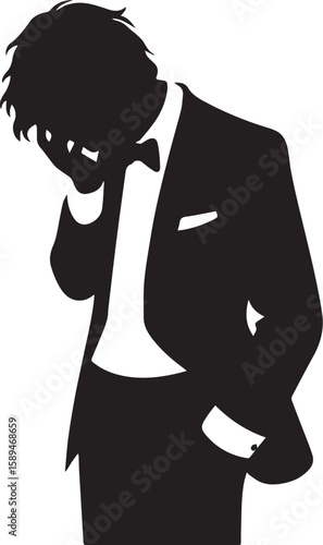 Print Man in tuxedo holding his head in despair silhouette with white background