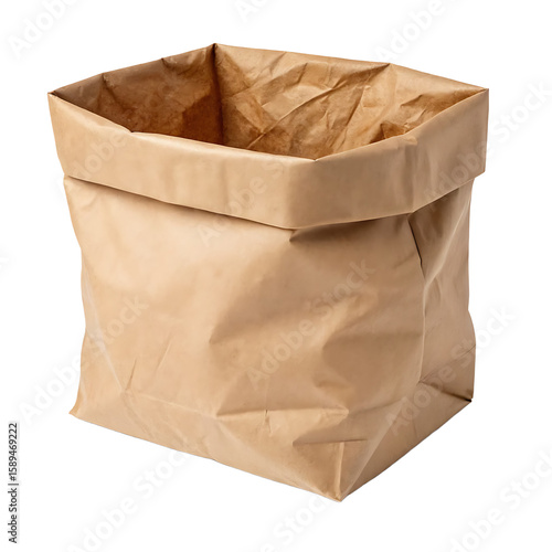 Empty brown paper grocery bag unfolded and standing open isolated on transparent background