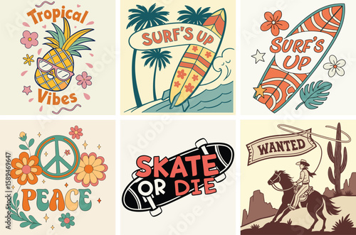 Retro beach and surf themed illustrations with good vibes and old school ride