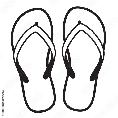 Simple black and white illustration of two flip flops perfect for summer and representing beach vacation concepts.