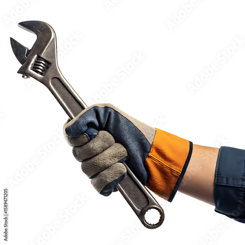 Skilled hand wearing protective work glove holding adjustable wrench isolated on transparent background
