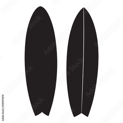 Two black surfboards with different designs are placed against a white background perfect for summer and beach related projects