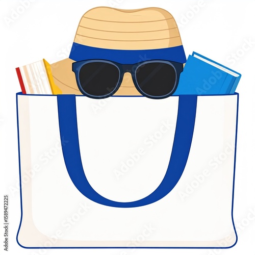White Beach Tote Bag with Blue Trim Containing Sunglasses a Straw Hat and Books on Transparent Background