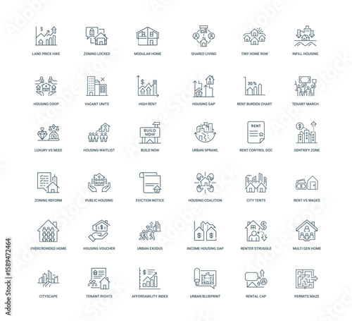 collection urban housing line icons housing issues concepts city living, Luxury Waitlist Sprawl Build
